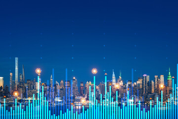 Skyscrapers Cityscape Downtown View, New York Skyline Buildings. Beautiful Real Estate. Night time. Forex Financial graph and chart hologram. Business education concept.