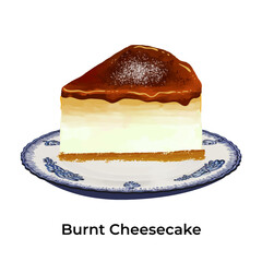 Bright and colorful illustration of a birthday cake slice with layers of frosting and sprinkles Burnt Cheesecake