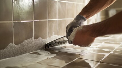 A tile setter grouting tiles in a bathroom. Featuring craftsmanship and focus
