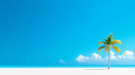 Fototapeta premium A serene tropical beach scene with a single palm tree against a vibrant blue sky and calm turquoise waters.