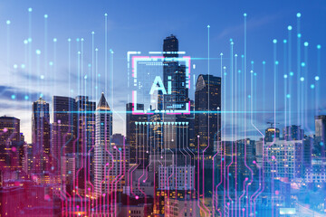 Seattle cityscape during twilight with futuristic AI hologram overlay. Digital composite, urban...