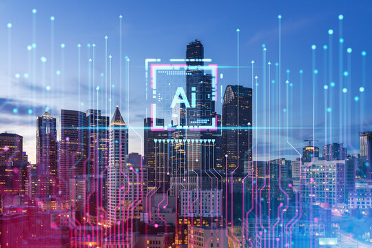 Seattle cityscape during twilight with futuristic AI hologram overlay. Digital composite, urban background, technology concept. Double exposure