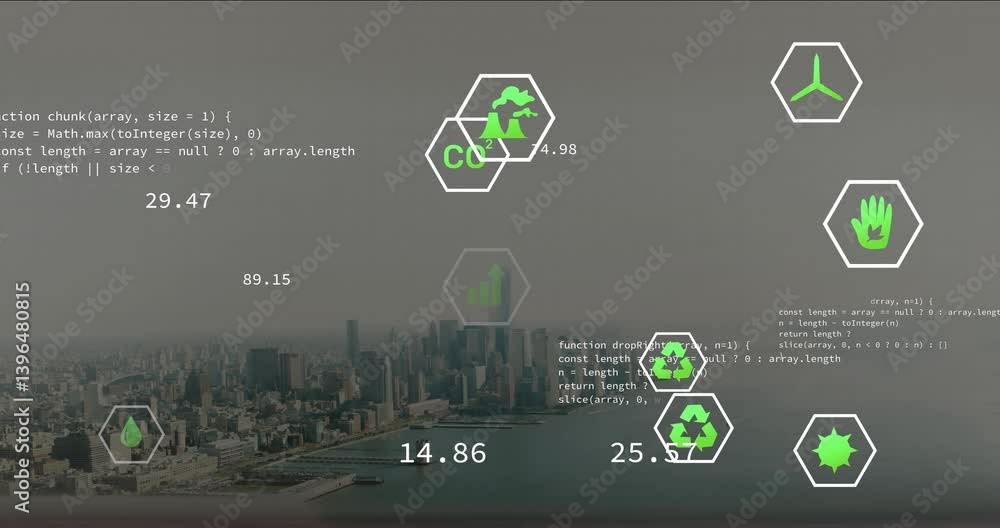 Poster overlaying cityscape, hexagonal icons with environmental symbols and code snippets