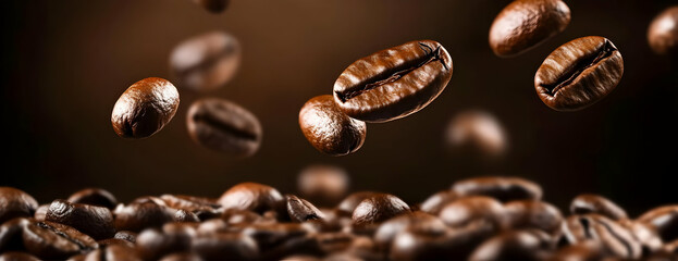 Fototapeta premium Fresh coffee beans floating in the air, showcasing their rich texture and aroma, perfect for coffee lovers and culinary enthusiasts.
