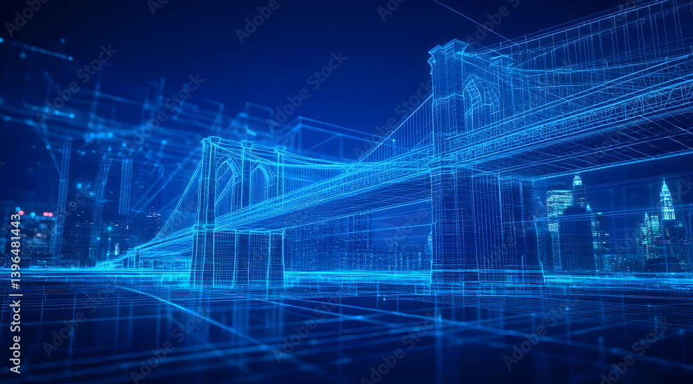 Poster futuristic blue digital skyline featuring iconic bridges in a network of lines and structures, symbo