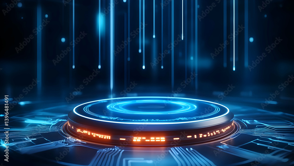 Poster futuristic digital interface with glowing lines and a circular platform, perfect for showcasing inno