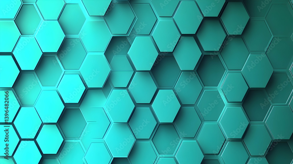 Poster abstract turquoise hexagonal pattern with layered depth effect.