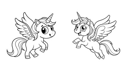 Two Cute Winged Unicorn Coloring Pages on White background.
