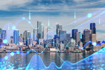 Seattle cityscape with futuristic hologram overlays, digital style, on a clear day. Concept of future, technology, and business. Double exposure