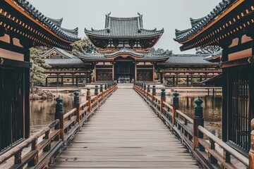 Fototapeta premium Historic Asian architecture with a wooden bridge and serene waterway.