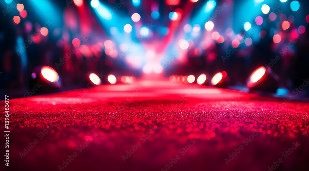 Poster vibrant stage lights illuminate a red carpet, creating a dynamic atmosphere for an exciting event.