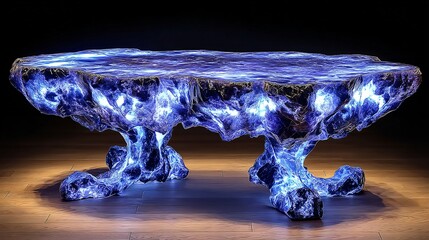 Luminescent blue table with unique, organic shape resting on a wooden floor under soft lighting