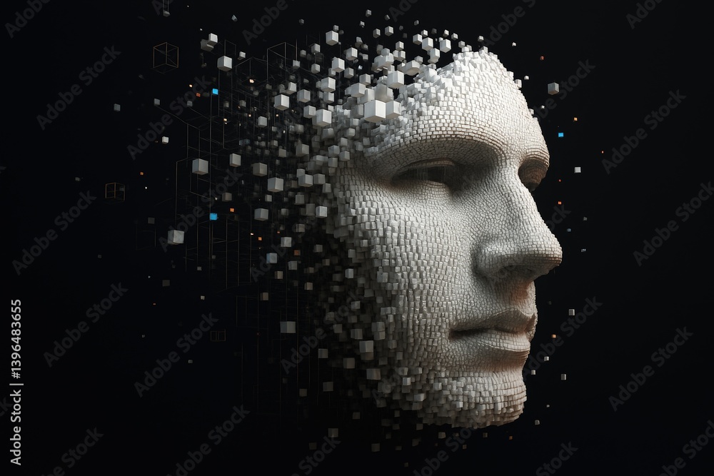 Poster Abstract 3D face formed from white cubes dissolving into space, symbolizing digital identity and transformation, ideal for tech, AI, or futuristic concept visuals