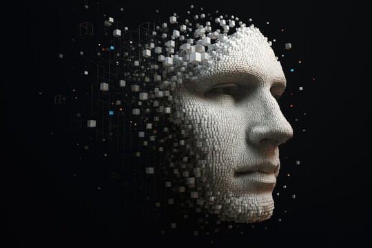 Fototapeta Abstract 3D face formed from white cubes dissolving into space, symbolizing digital identity and transformation, ideal for tech, AI, or futuristic concept visuals