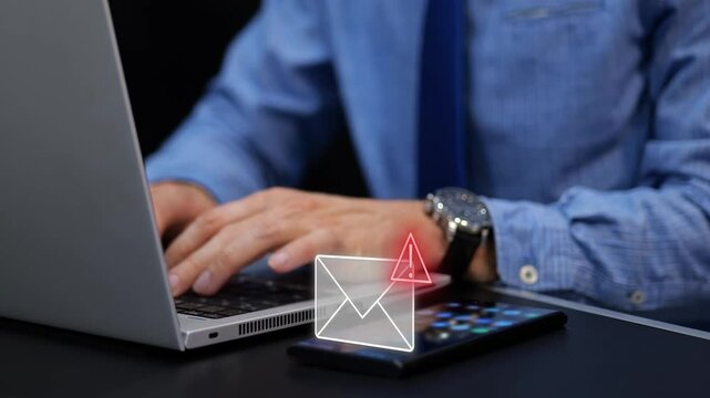 Businessman receives alert warning message via email on smartphone, illustrating phishing attack concept. 3D graphic animation