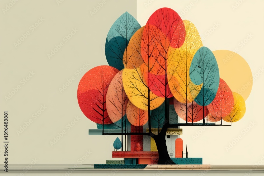 Poster abstract autumn tree growing out of a colorful building with an off-white background