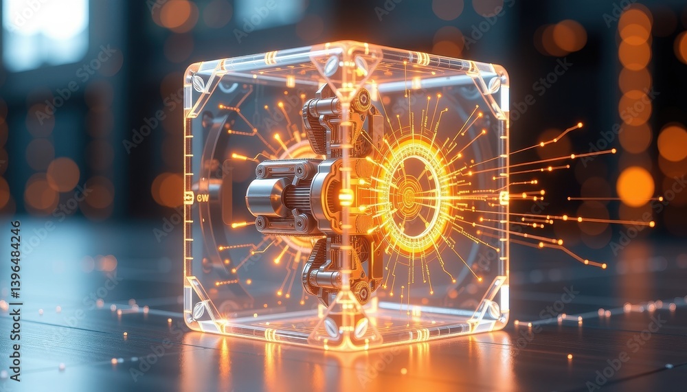 Poster futuristic transparent cube encasing a complex glowing engine mechanism innovative technology concep