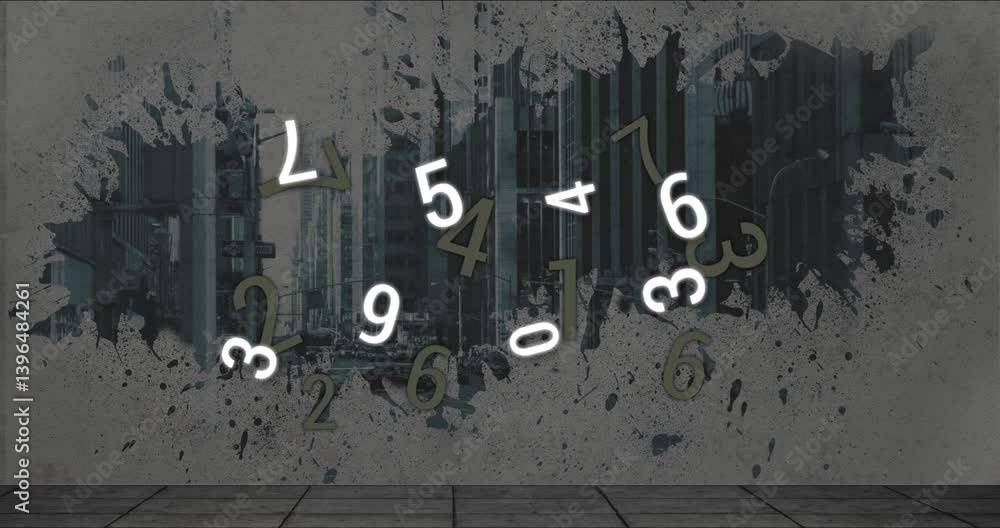 Poster animation of floating numbers over urban cityscape with grunge texture design