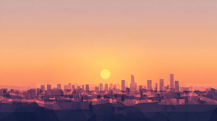 Fototapeta premium A geometric cityscape at sunset, rendered in muted colors.