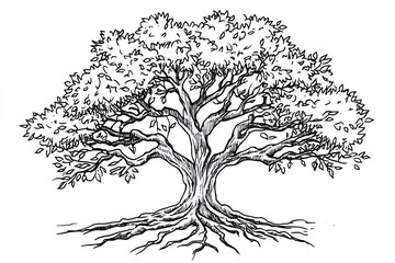 Majestic oak tree, sprawling roots, nature, serene background, illustration