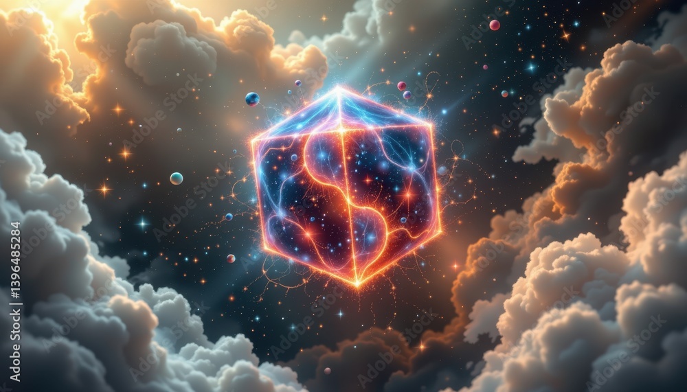 Poster cosmic cube a three dimensional glowing cube in space, surrounded by stars and nebulae, with etherea