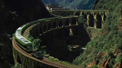 Naklejka premium Scenic train journey through a mountain valley, with an arched stone bridge. Lush greenery surrounds the tracks