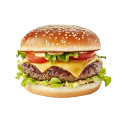Delicious cheeseburger with fresh lettuce, tomato, and beef patty on sesame bun