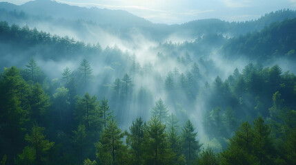 Misty Green Mountains: An Aerial View of Verdant Peaks Rising Through Low-Hanging Clouds.