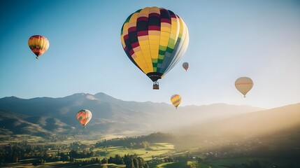 Obraz premium Colorful Hot Air Balloons Flying Over Scenic Landscape at Sunrise