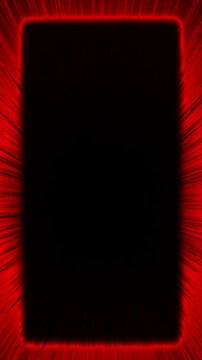 The red rays radiate in different directions from the black rectangle. Abstract vertical animated background with free space in the middle.