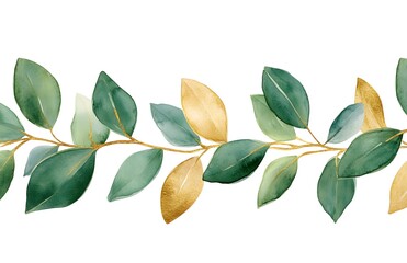 Obraz premium Watercolor sage green and gold leaf garland, white background clipart