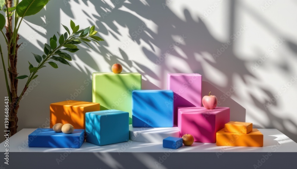 Poster Dappled Light Blocks An arrangement of color blocks placed under dappled sunlight, highlighting the interplay of light and shadow.