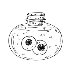 Vector Glass potion bottle with cork and eyes. Hand painted linear wizard halloween illustration. Graphic magic monochrome sketch isolated on background. For designers, prints, logo, icon, menu