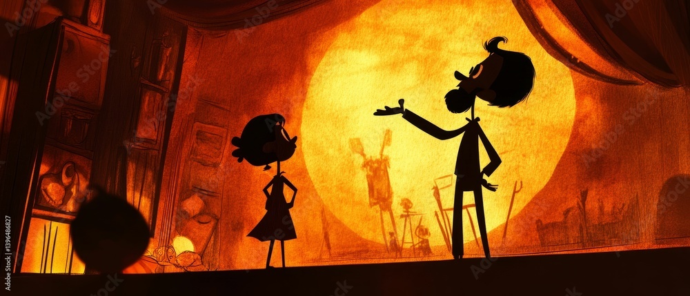 Poster silhouetted figures on stage with a large light source in the background.