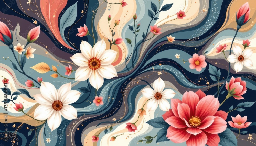 Poster fluid floral patterns an abstract interpretation of flowers that seem to flow and morph into one ano