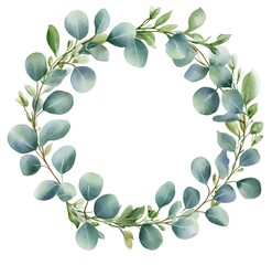 Obraz premium Watercolor silver eucalyptus wreath, simple clipart, tender green colors on a white background, clean edges and smooth lines, 
