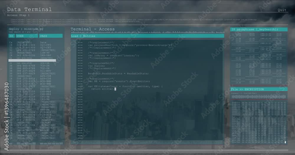 Poster displaying code on digital terminal with cityscape in background, animation style