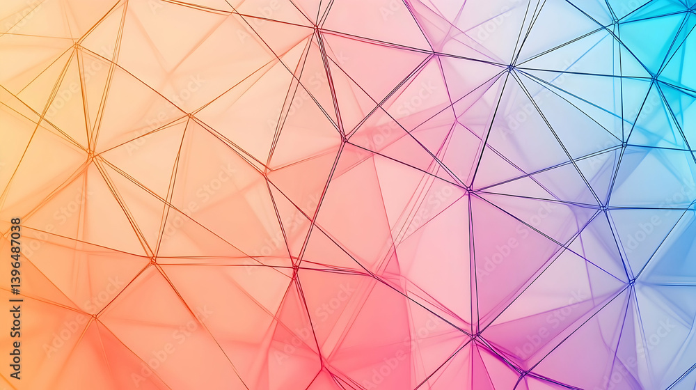 Poster a vibrant abstract design of interconnected translucent triangles in a gradient of pastel colors.