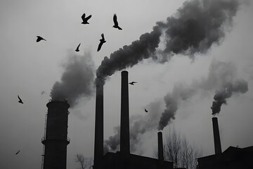 Birds Fly Amidst Factory Smog, Dark Sky