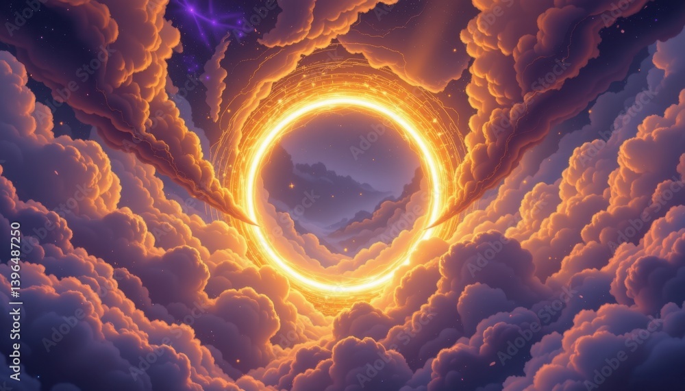 Poster celestial portal a glowing circular portal surrounded by dynamic, swirling clouds illuminated in sha
