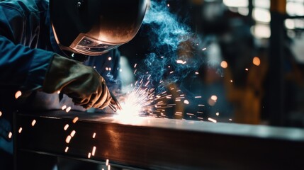 A welder welding a metal beam. Featuring skill and concentration