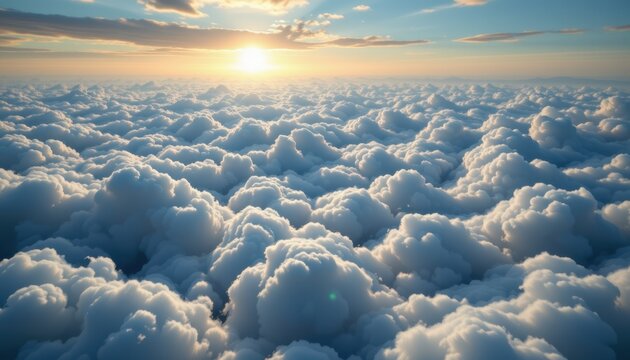 Surreal Ocean of Clouds A surreal landscape of rolling clouds resembling ocean waves, framed by a bright, glowing horizon.