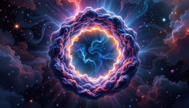 Nebula Cloud Ring A circular formation resembling a nebula, with rich purples, blues, and bursts of white emulating cosmic energy.