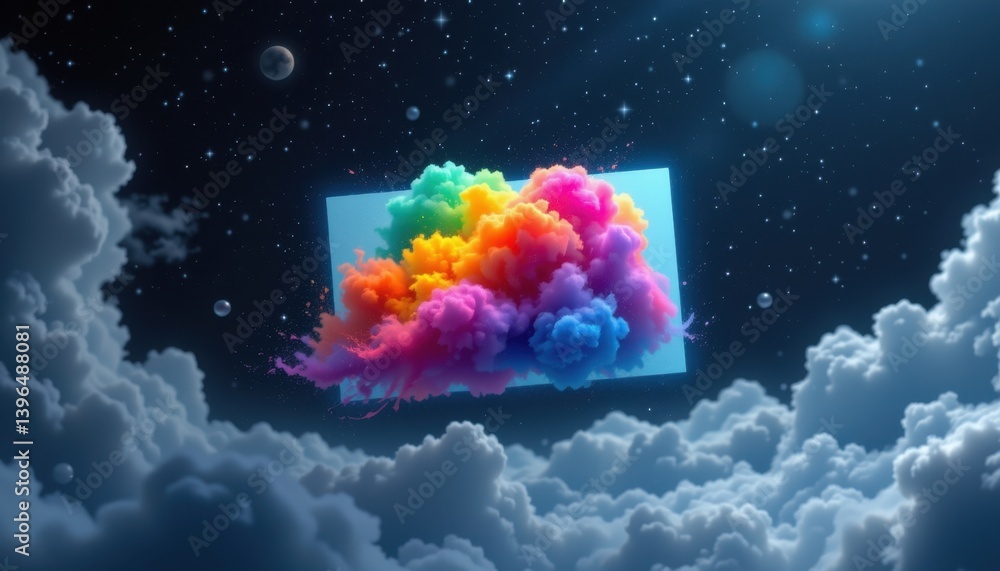 Poster floating color burst a floating rectangular shape filled with vibrant cloud colors, suspended in a d