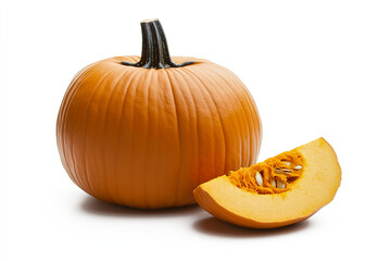 A whole pumpkin alongside a neatly sliced wedge, isolated on a white background