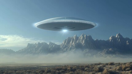 Unidentified flying object hovering above arid landscape with majestic mountains