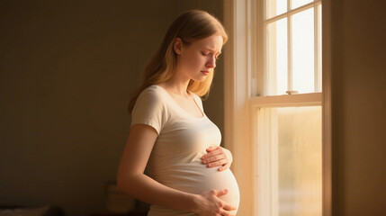Pregnant women's expressions of concern while holding their stomachs by the window represent the concepts of pregnancy health, maternal and child care, and psychological care, and are used for promoti