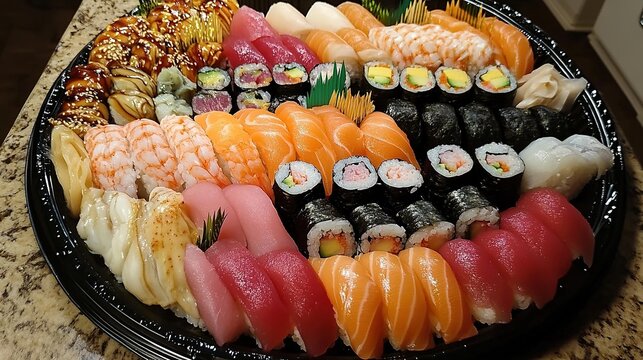 A luxurious sushi platter featuring an assortment of nigiri and rolls.