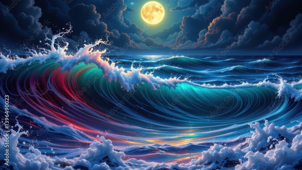 Poster Ethereal Ocean Waves A magical ocean scene, with waves of color crashing in psychedelic patterns under a glowing moonlight.