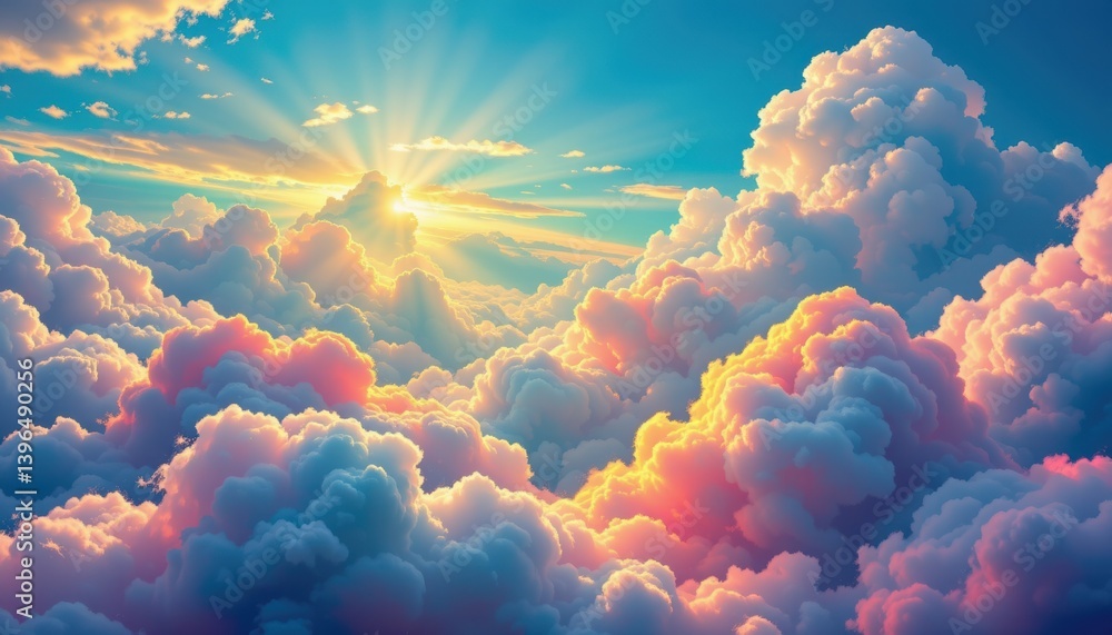 Poster whimsical cloudscape a playful scene of fluffy clouds merging with vibrant colors, illuminated by an